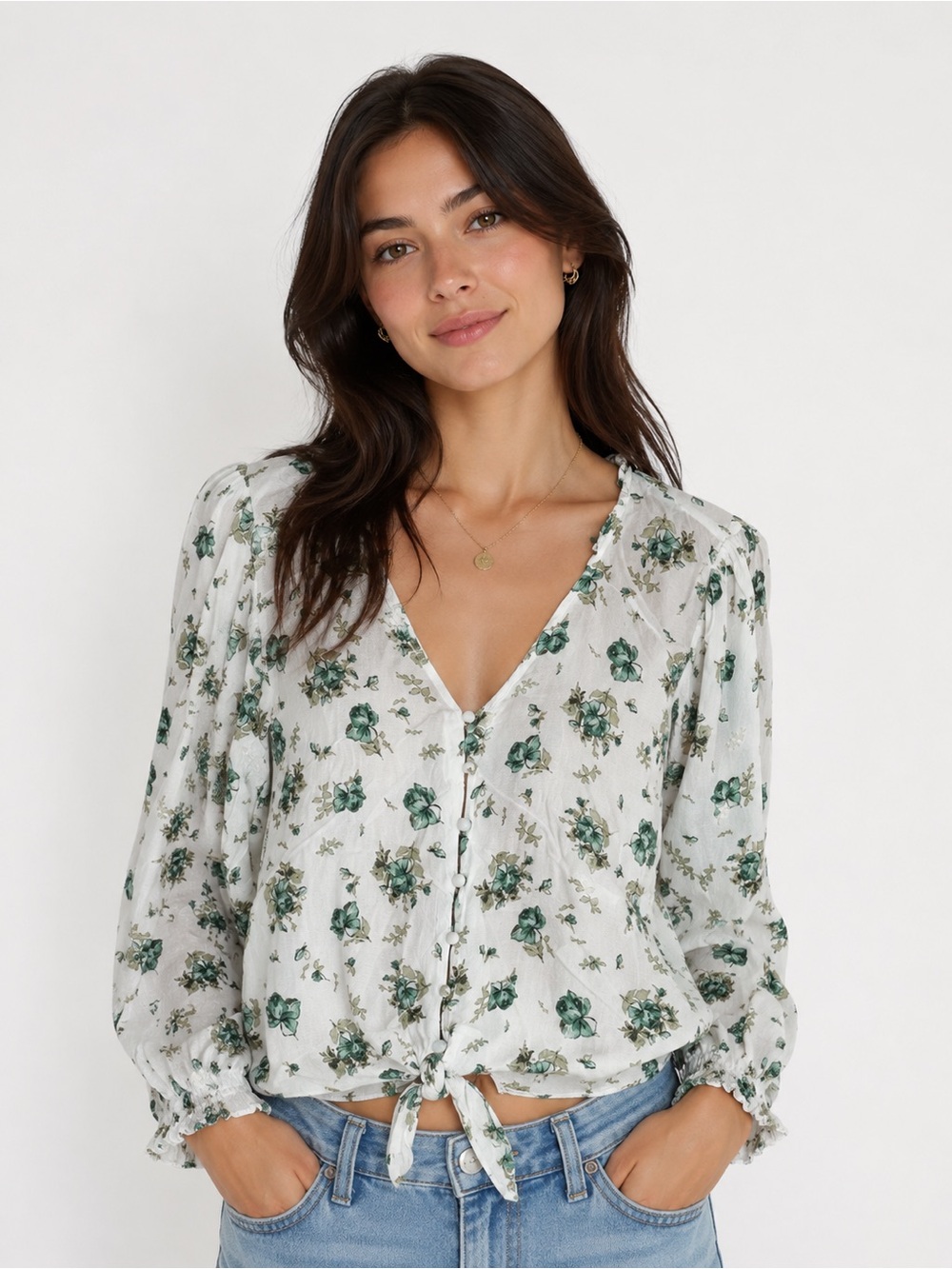 White Green Floral Long Sleeve Tie Front Top Large 1.State Button Down Boho